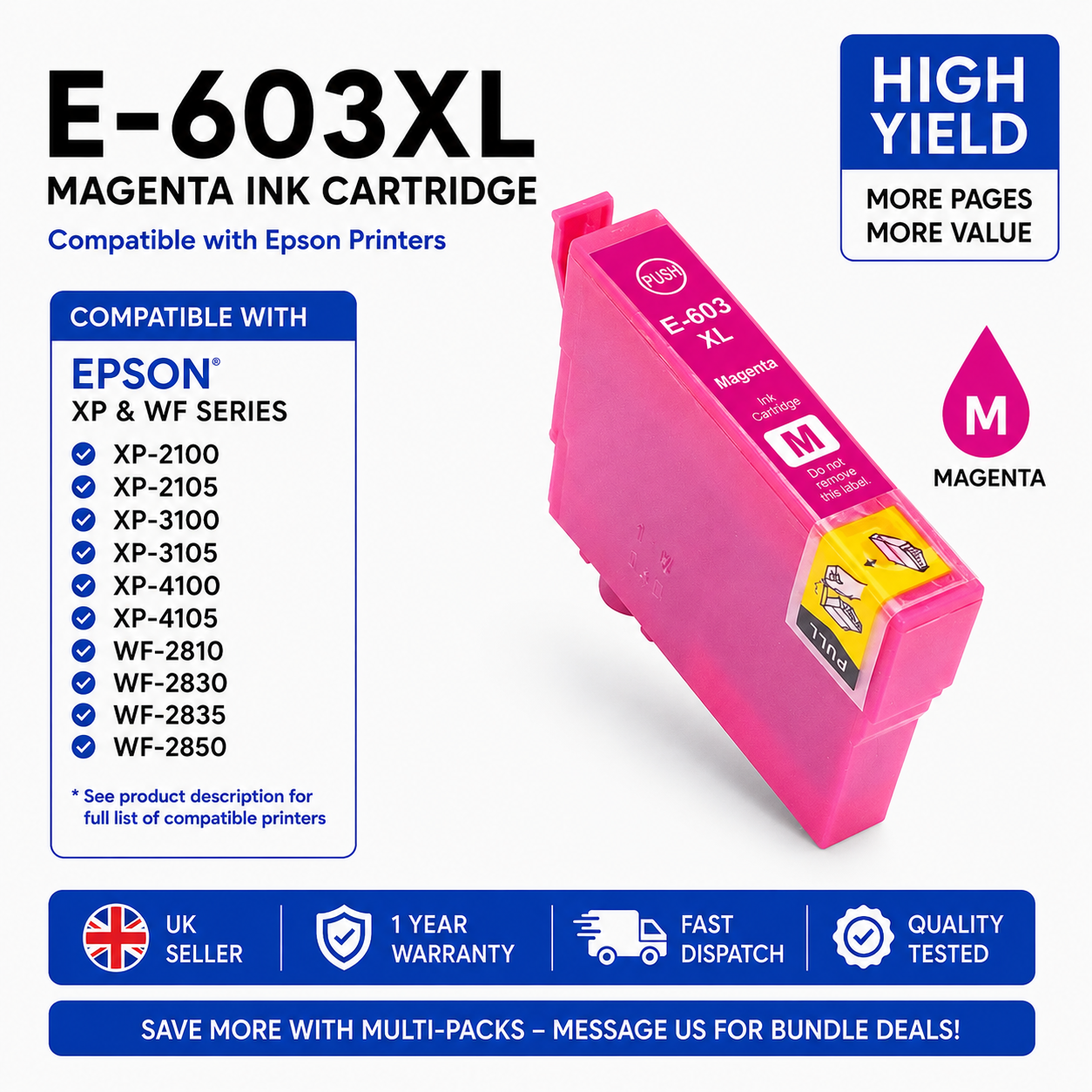 Epson 603XL Compatible Ink Cartridges XP-2100 XP-2105 XP-2150 XP-2155 XP-3100 XP-3105 WF-2810 WF-2820 High Yield