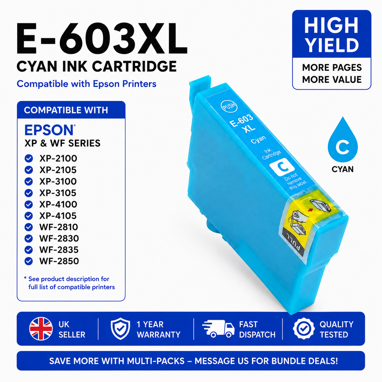 Epson 603XL Compatible Ink Cartridges XP-2100 XP-2105 XP-2150 XP-2155 XP-3100 XP-3105 WF-2810 WF-2820 High Yield